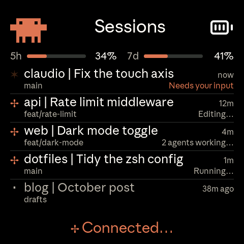 Sessions screen with five sessions, one waiting for input